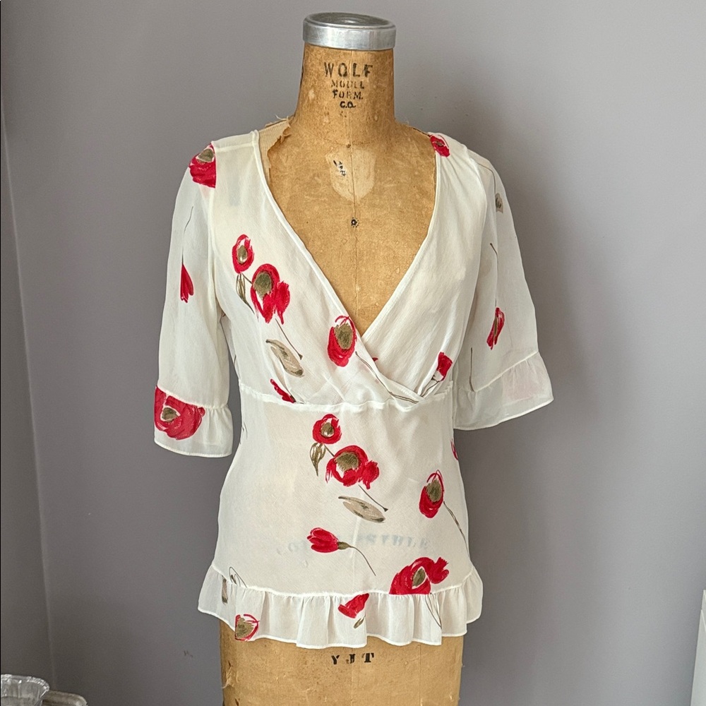 Rare Vintage Agneta Eckemyr Gently Worn Small Sheer Floral Faux Wrap Top